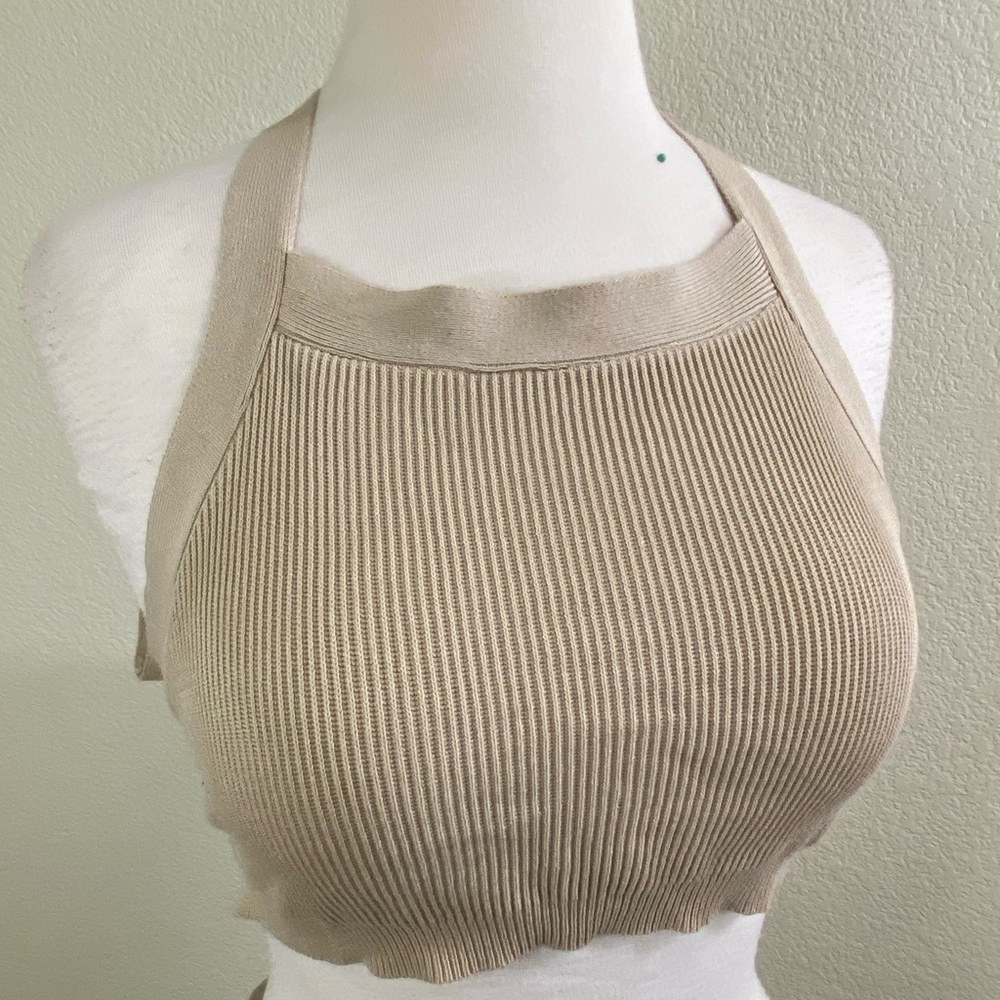 Beige Ribbed Halter Tank Top